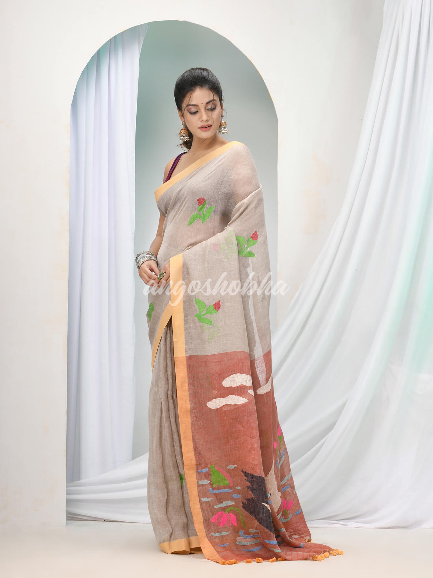 Light Tan Linen Handloom Saree