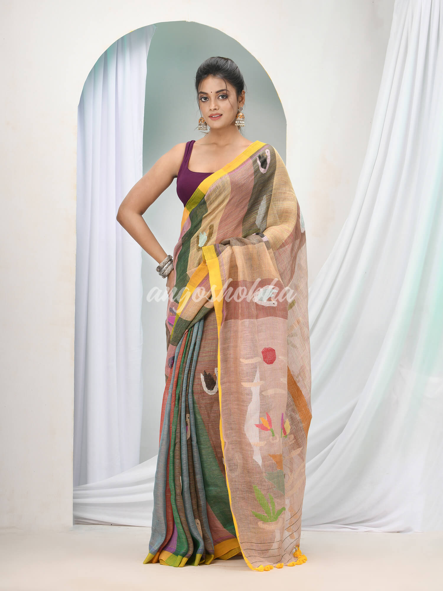 Multicolour Linen Handloom Saree