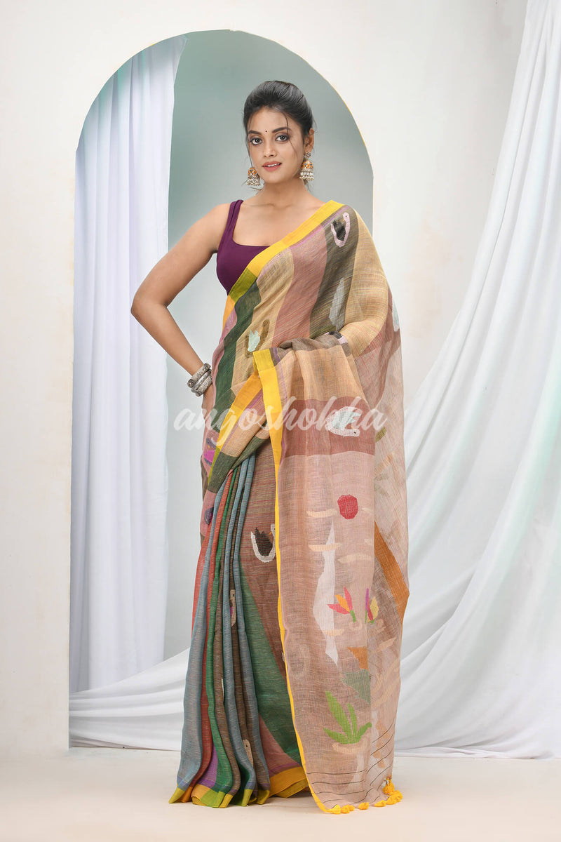 Multicolour Linen Handloom Saree