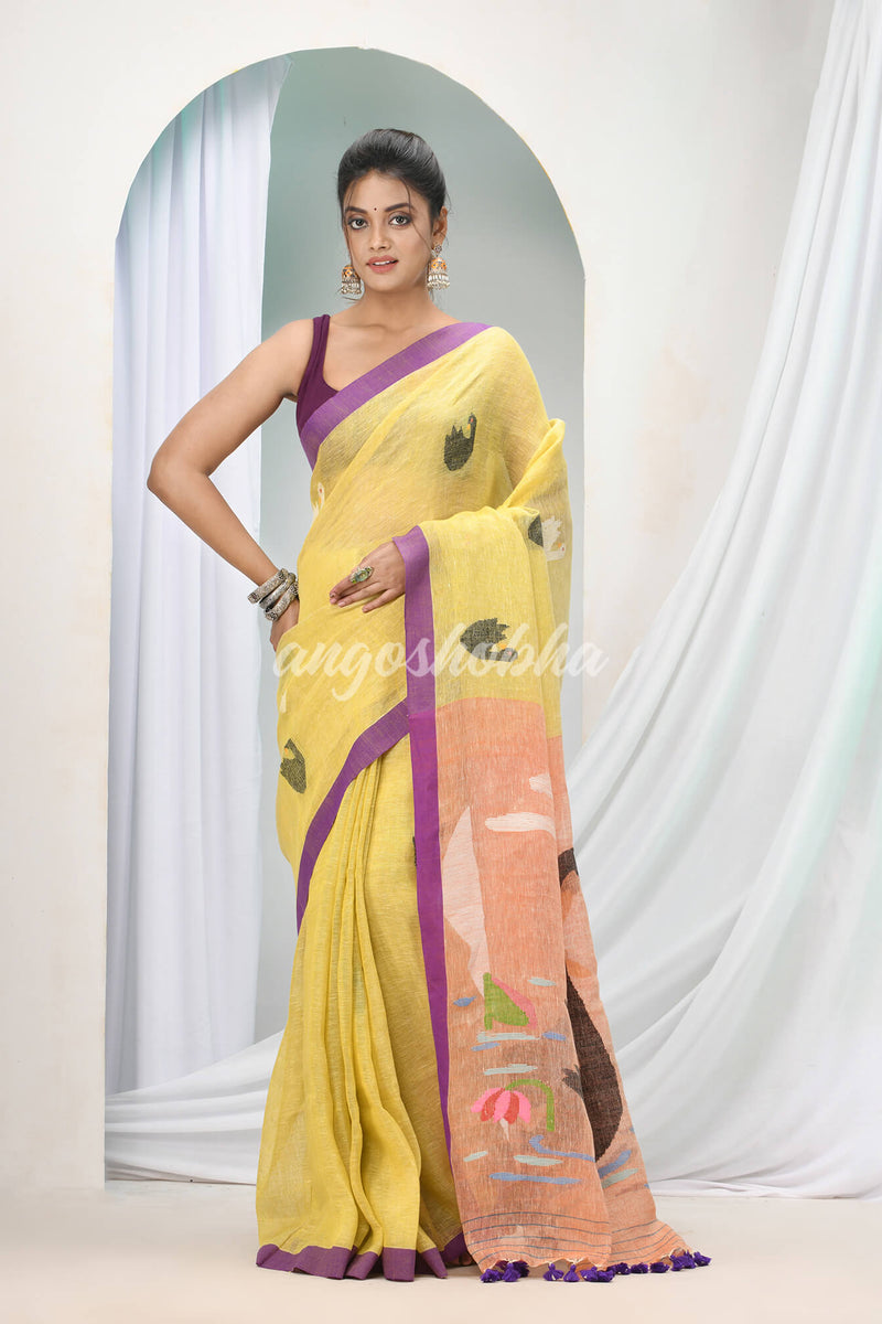 Lemon Linen Handloom Saree