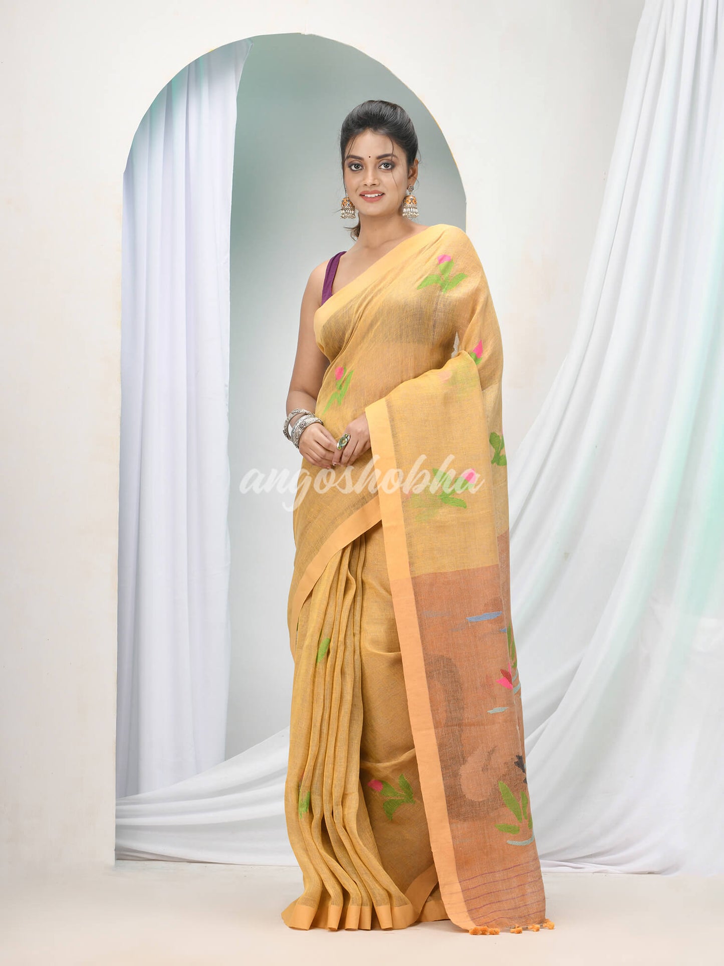 Biscotti Tan Linen Handloom Saree