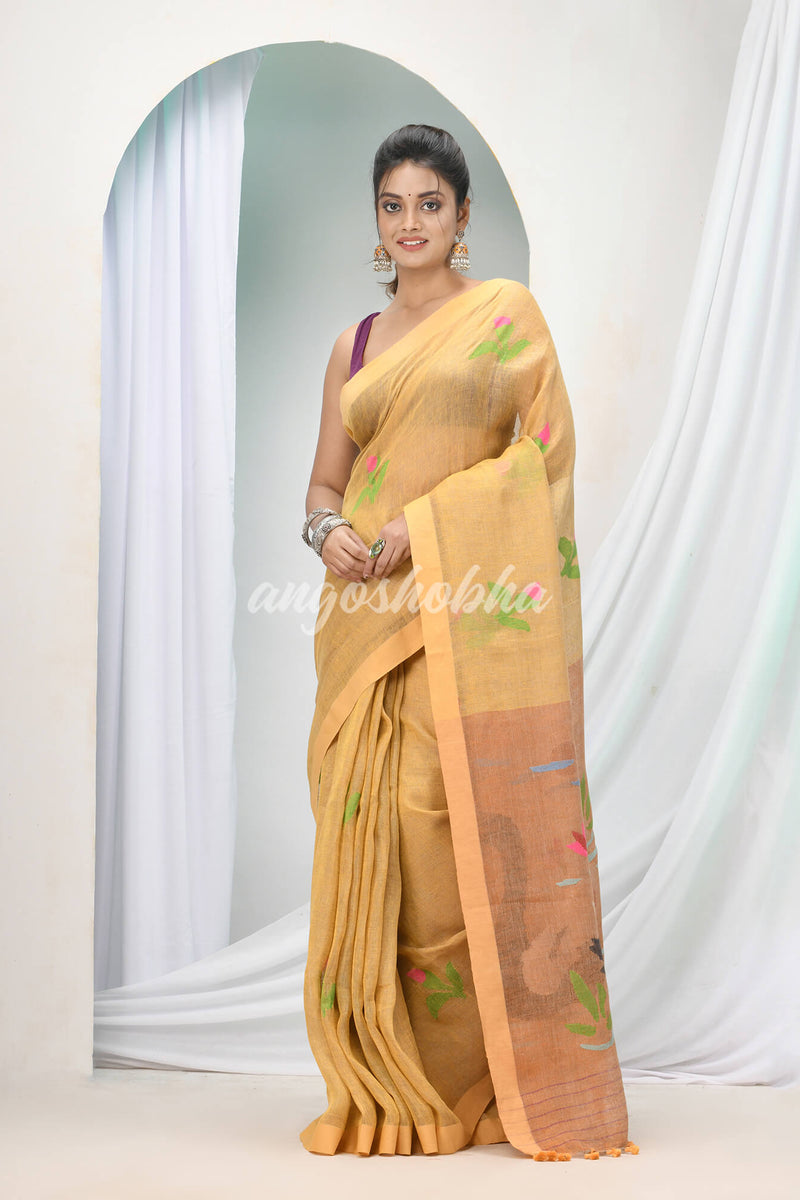 Biscotti Tan Linen Handloom Saree
