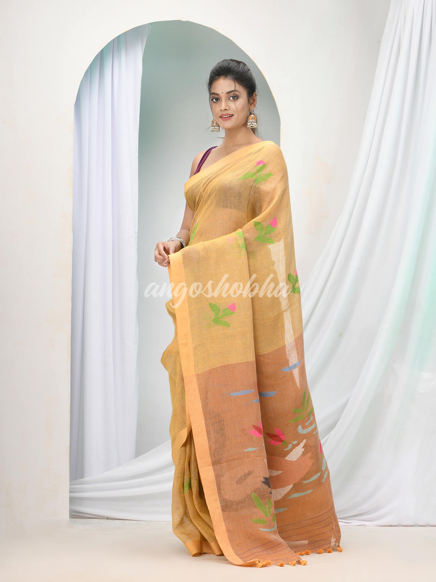 Biscotti Tan Linen Handloom Saree