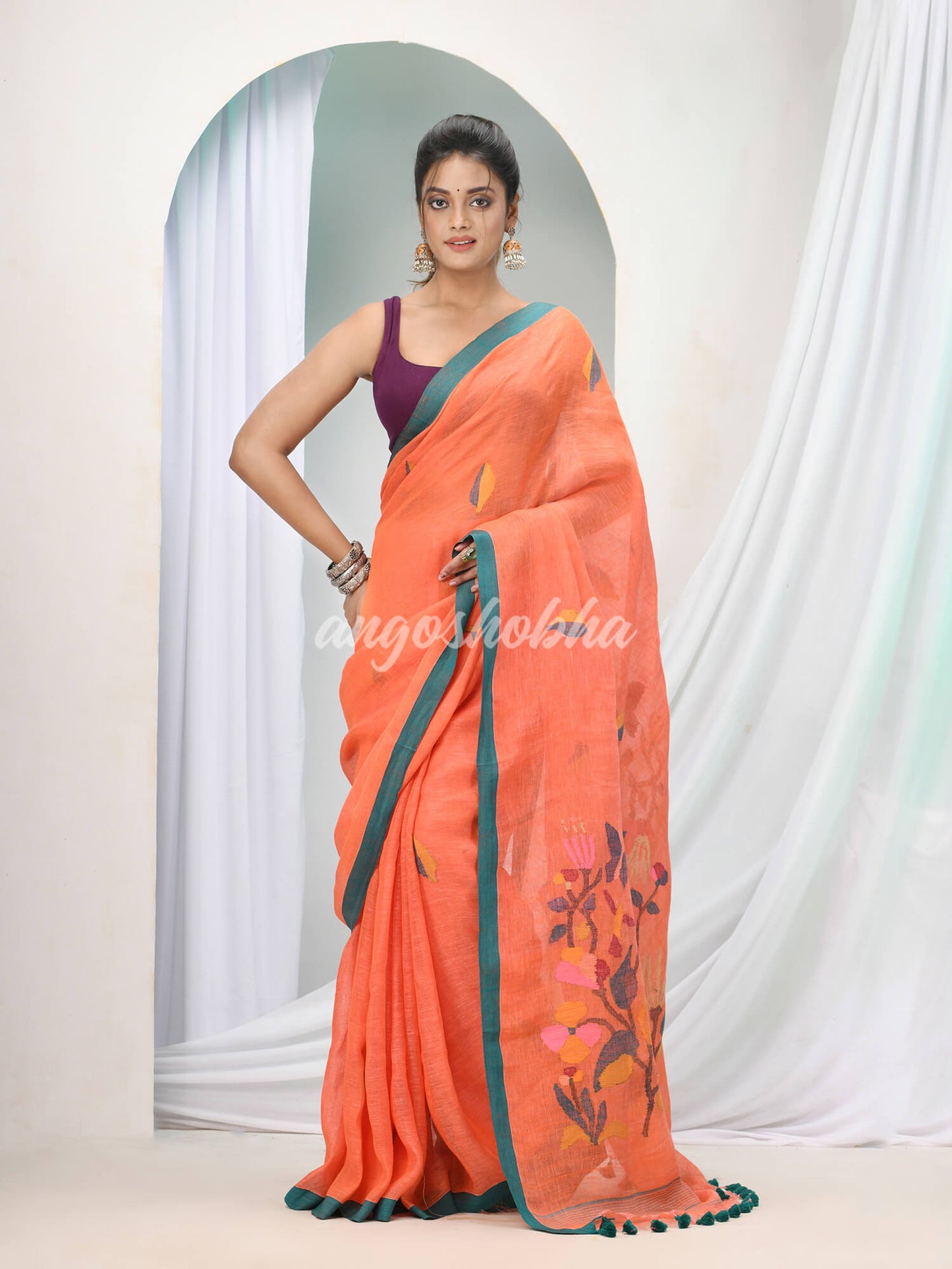 Orange Linen Handloom Saree