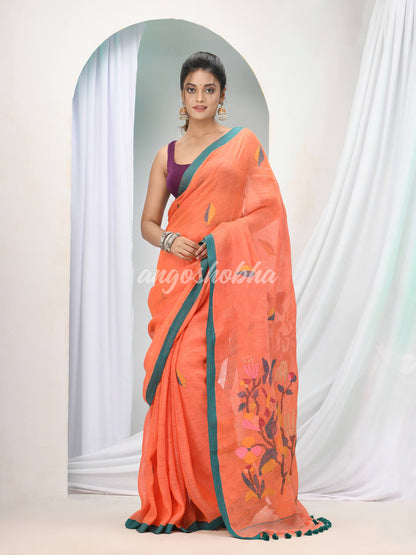 Orange Linen Handloom Saree