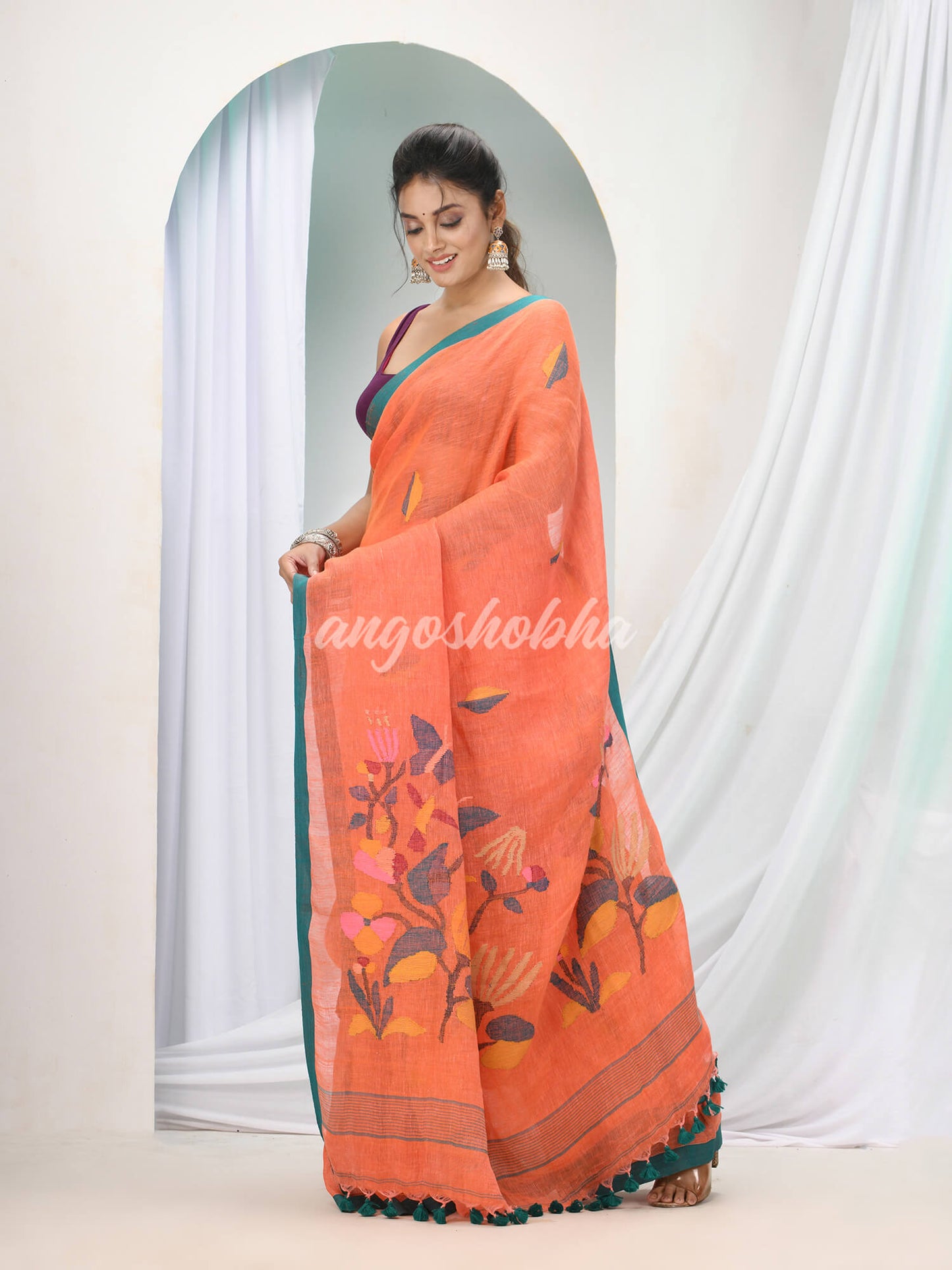 Orange Linen Handloom Saree