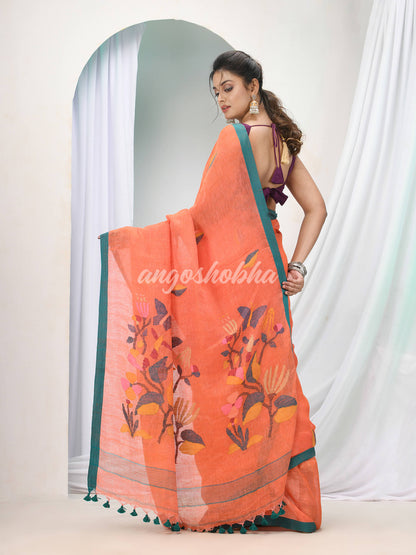 Orange Linen Handloom Saree