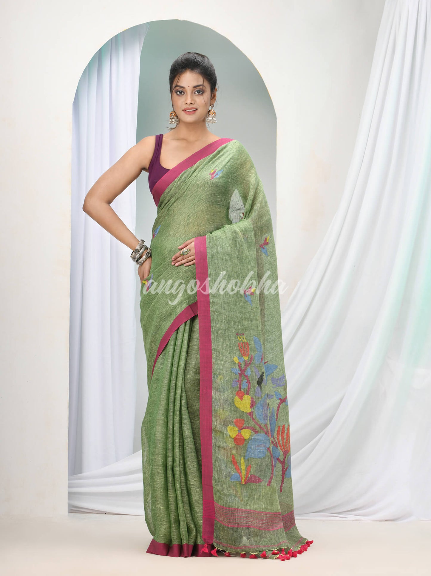 Moss Green Linen Handloom Saree