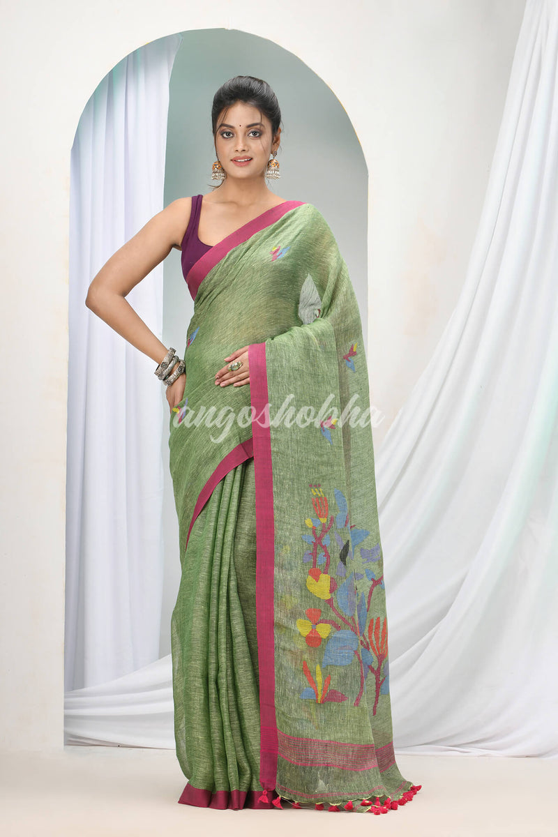 Moss Green Linen Handloom Saree