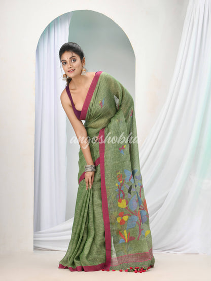 Moss Green Linen Handloom Saree