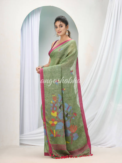 Moss Green Linen Handloom Saree