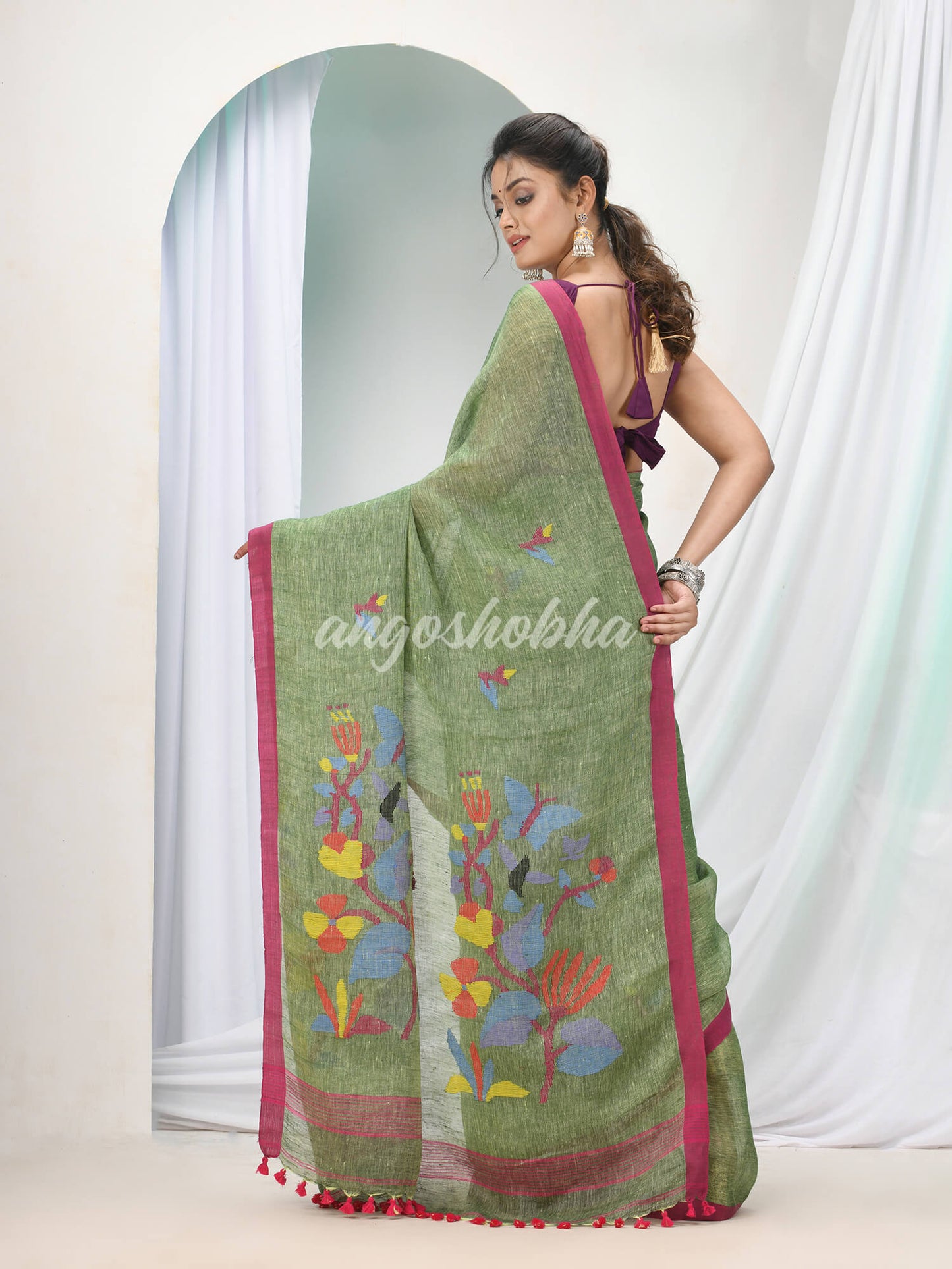 Moss Green Linen Handloom Saree