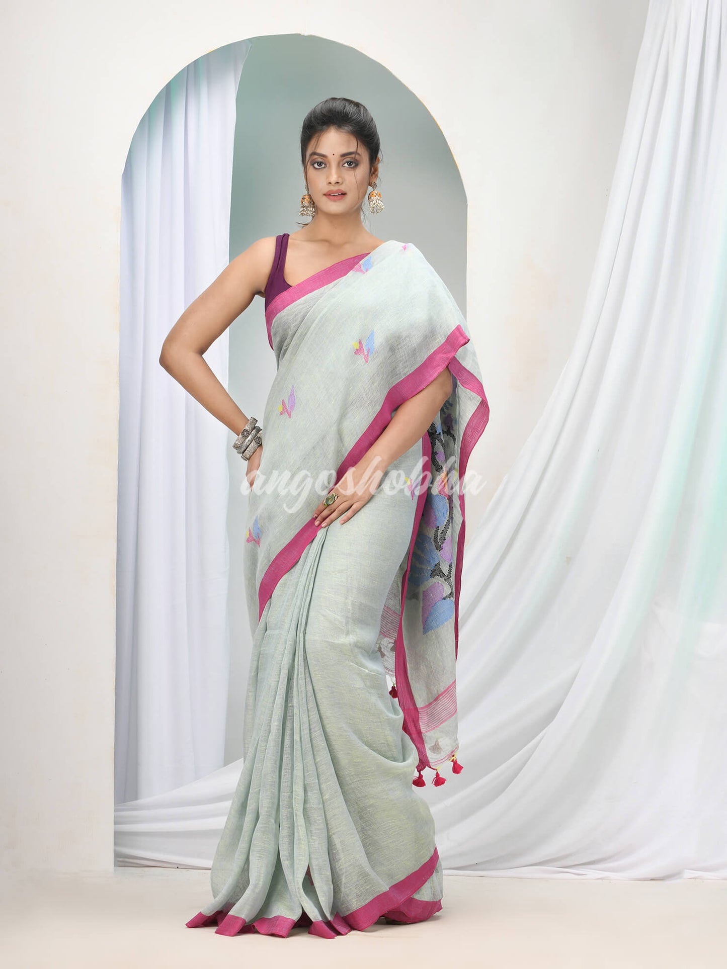 Sky Blue Linen Handloom Saree