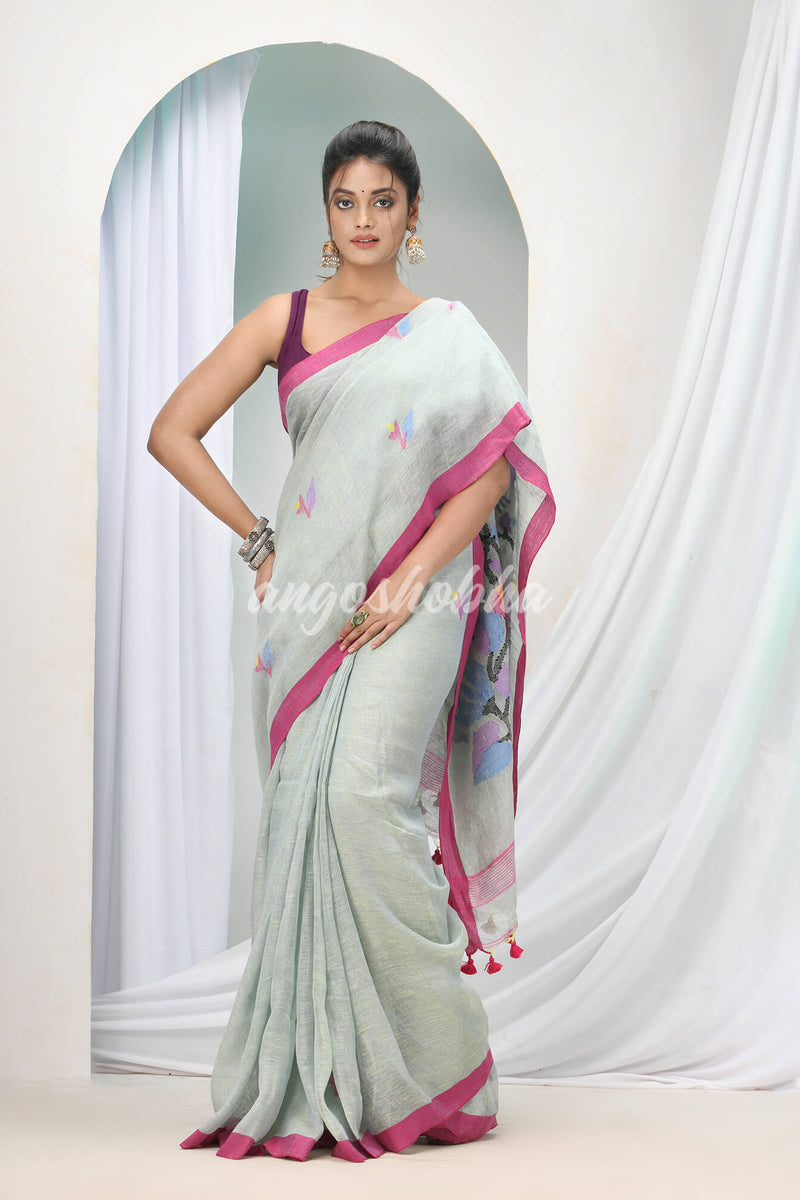 Sky Blue Linen Handloom Saree