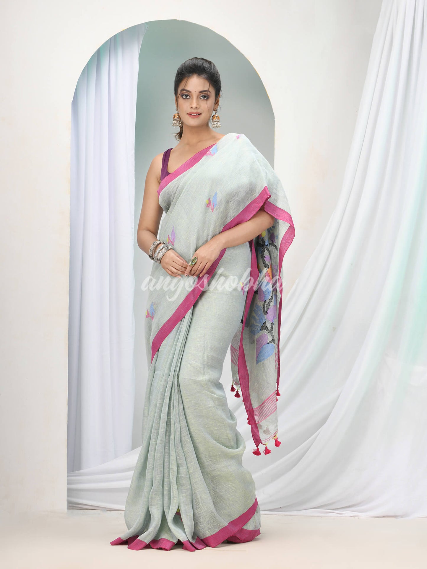 Sky Blue Linen Handloom Saree