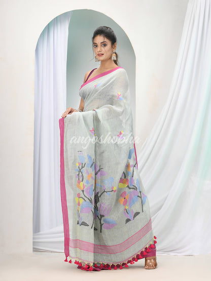 Sky Blue Linen Handloom Saree