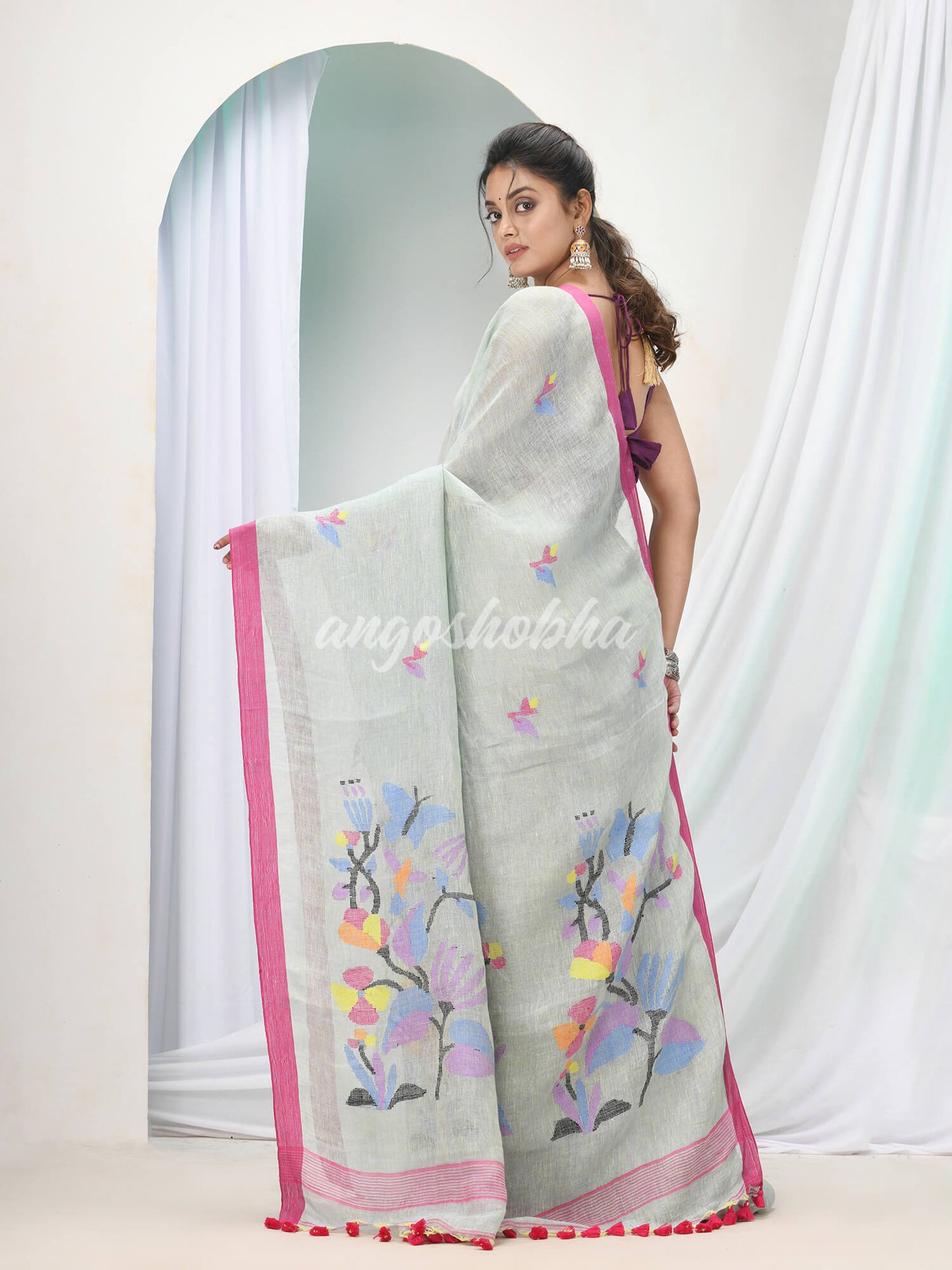 Sky Blue Linen Handloom Saree