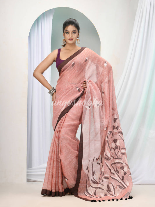 Brown Linen Handloom Saree