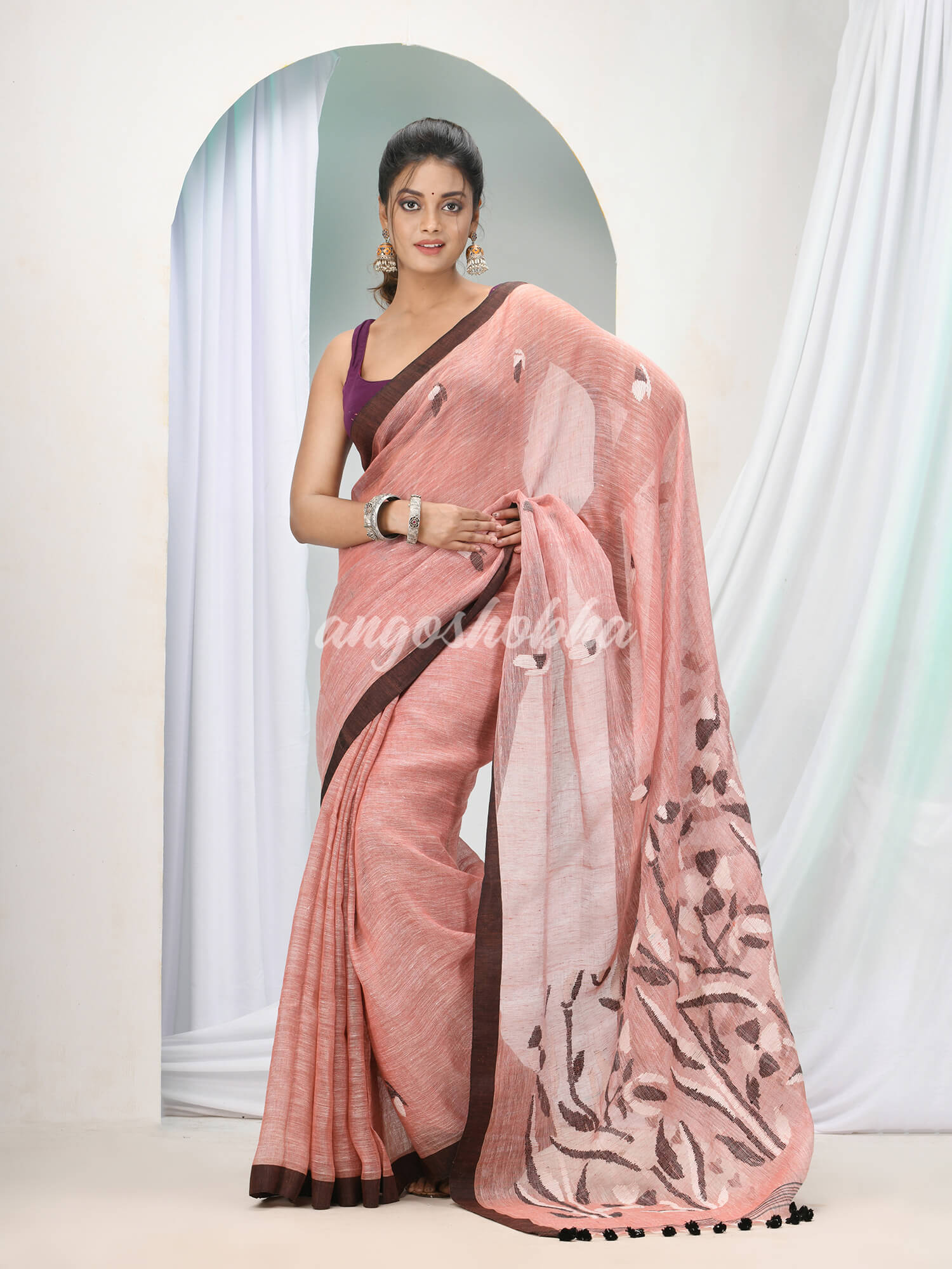 Brown Linen Handloom Saree