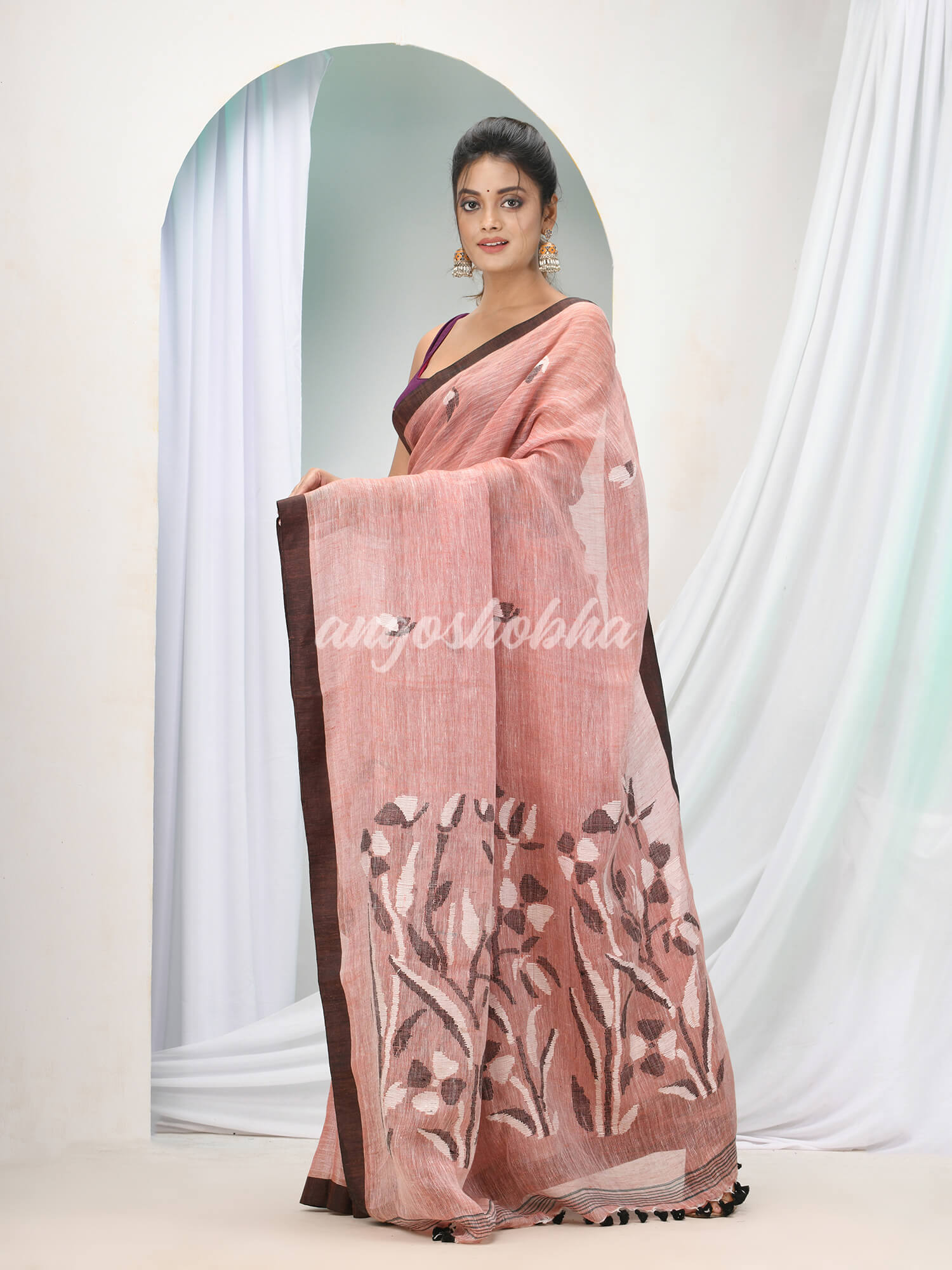 Brown Linen Handloom Saree