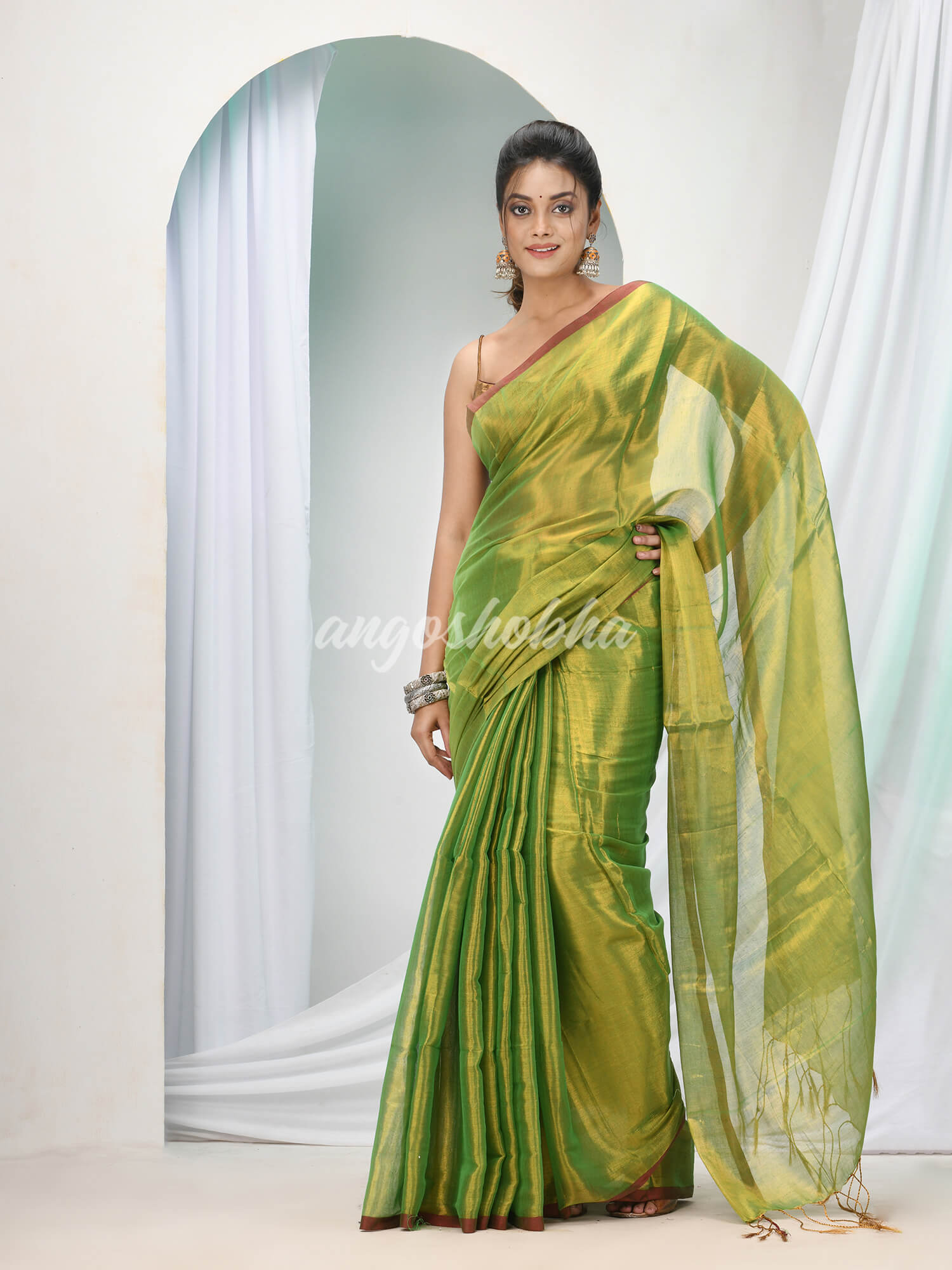 Green Zari Cotton Handloom Tissue silk Saree blouse design