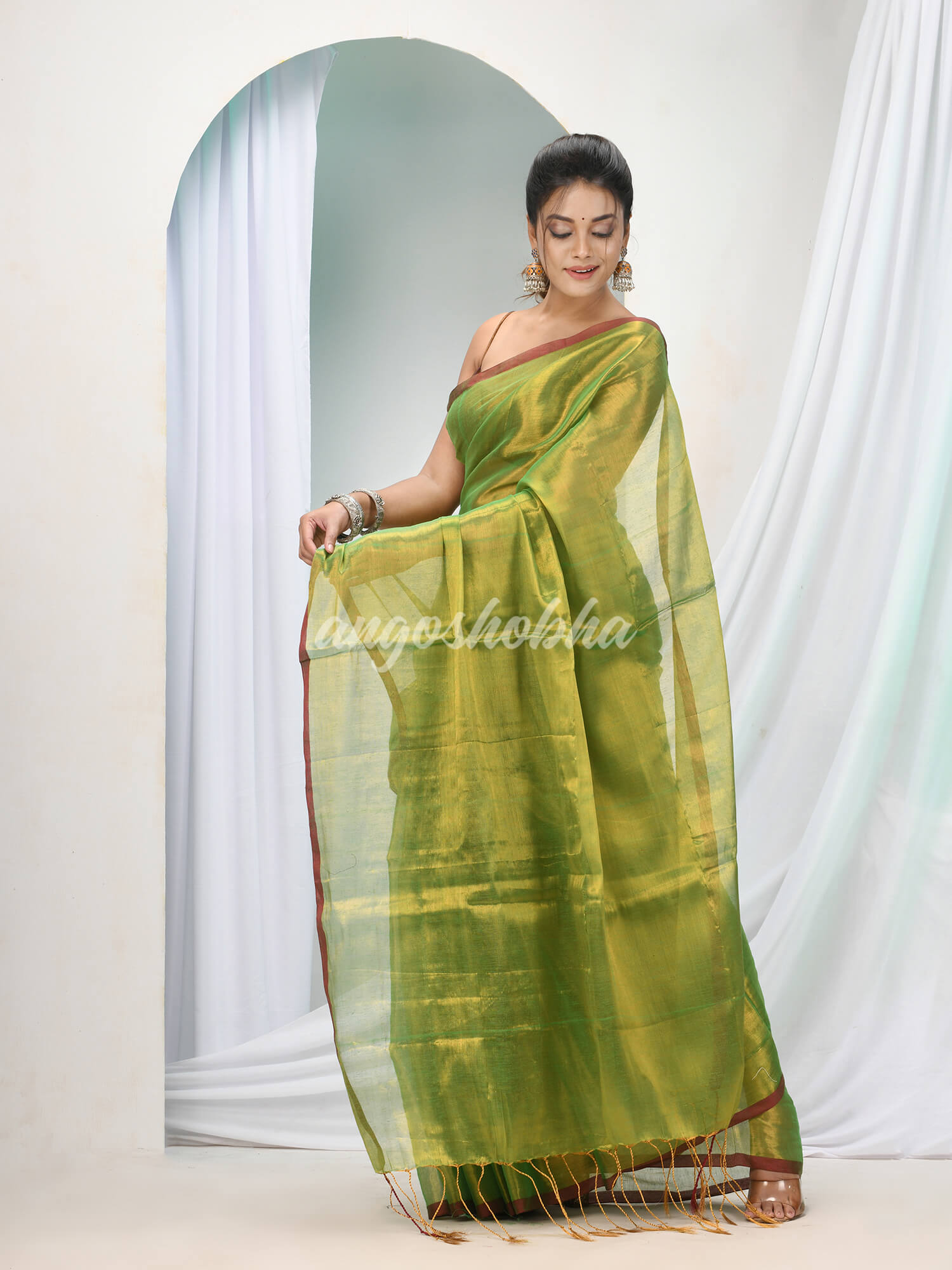 Green Zari Cotton Handloom Tissue Saree online

