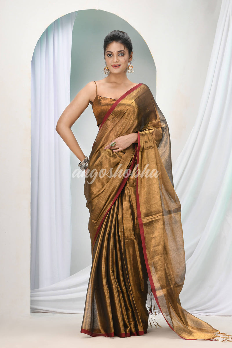 Copper Zari Cotton Handloom Tissue Saree
