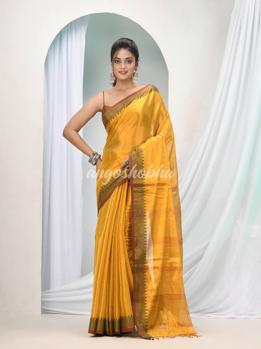 Ochre Yellow Zari Cotton Handloom Tissue Saree