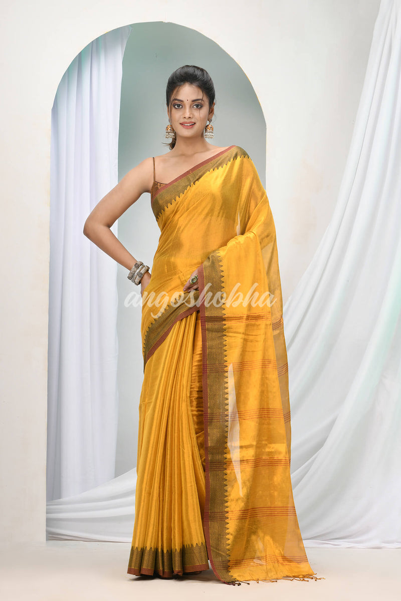 Ochre Yellow Zari Cotton Handloom Tissue Saree