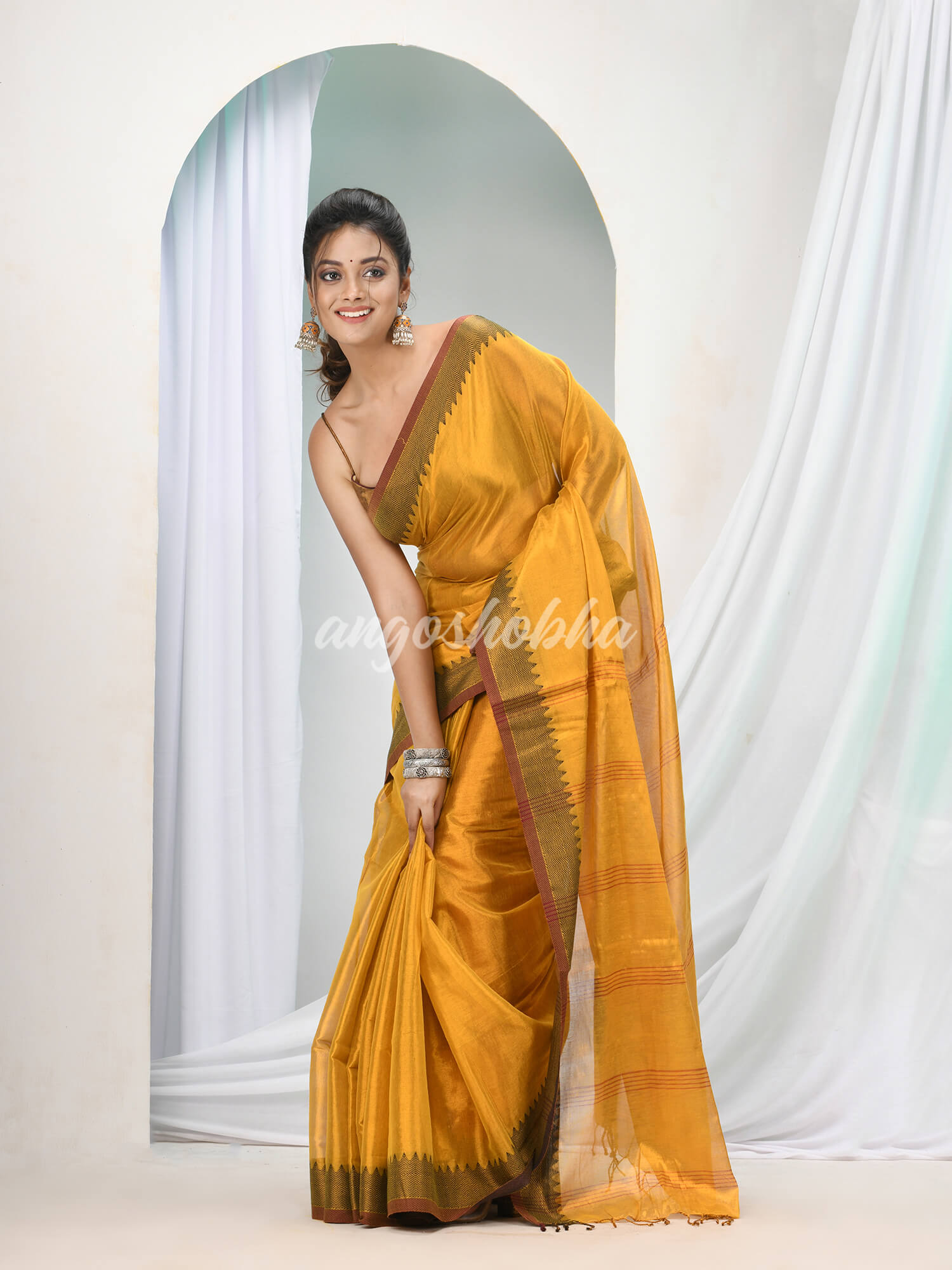 Ochre Yellow Zari Cotton Handloom Tissue Saree