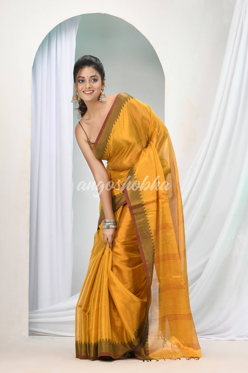 Ochre Yellow Zari Cotton Handloom Tissue Saree