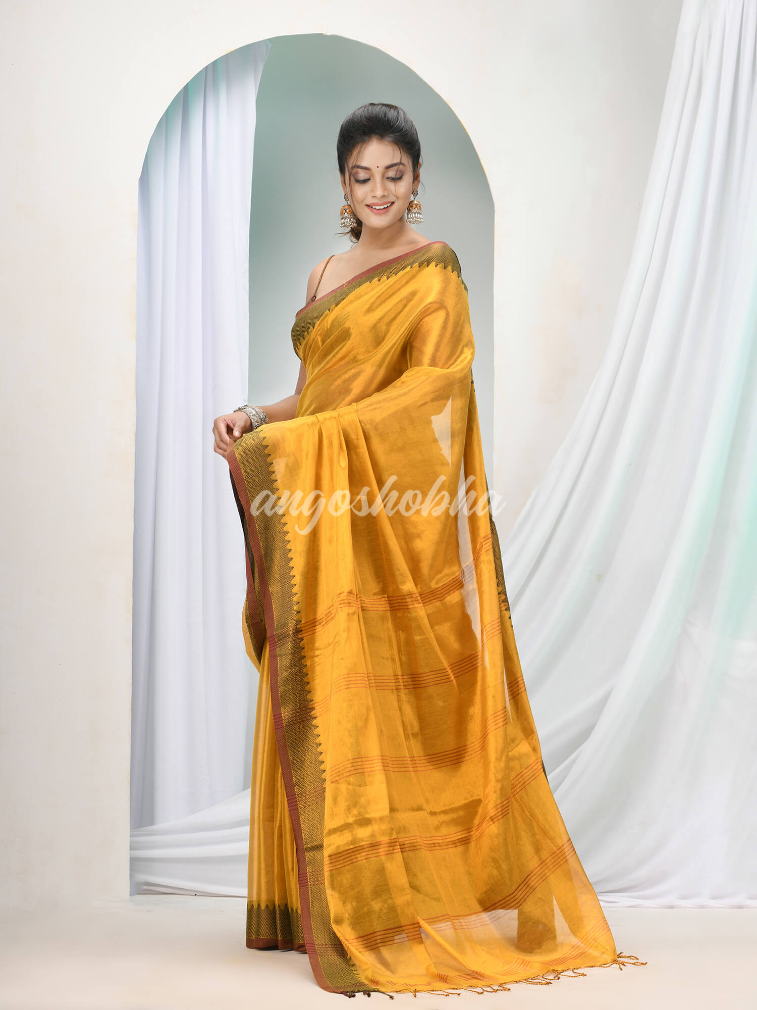 Ochre Yellow Zari Cotton Handloom Tissue Saree