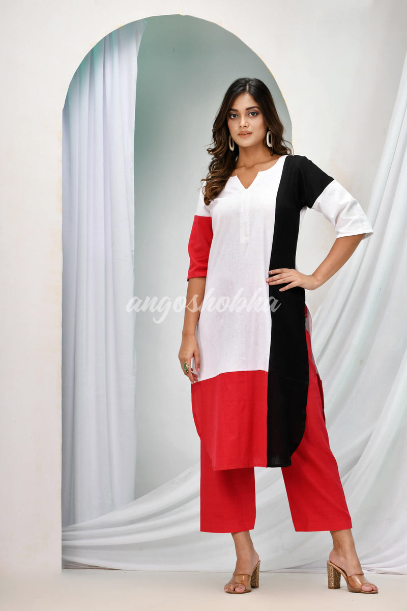 White Multicolour Cotton Bengal Handwoven Kurta Set