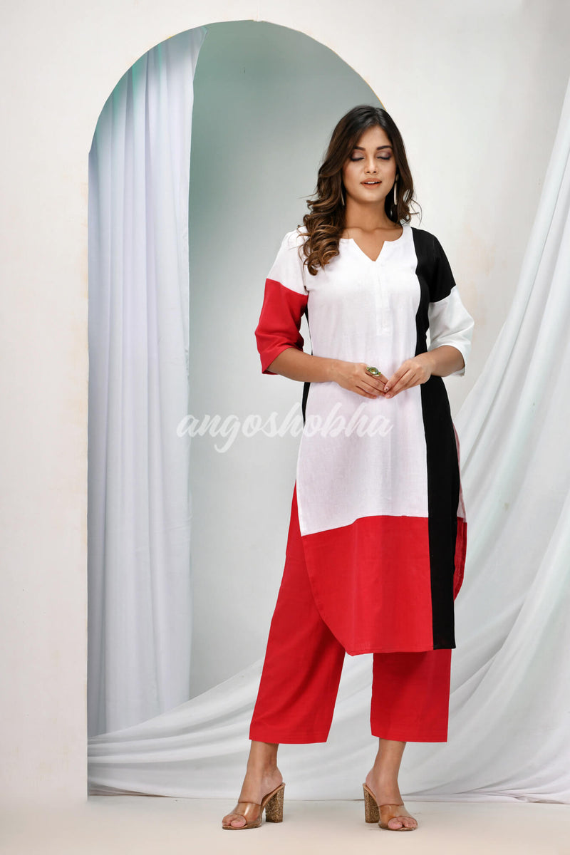 White Multicolour Cotton Bengal Handwoven Kurta Set