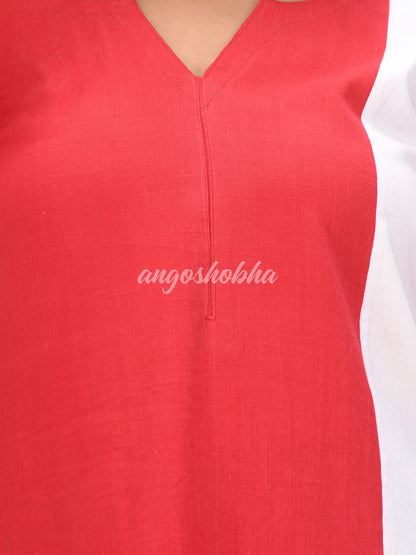 Red Multicolour Cotton Bengal Handwoven Kurta Set