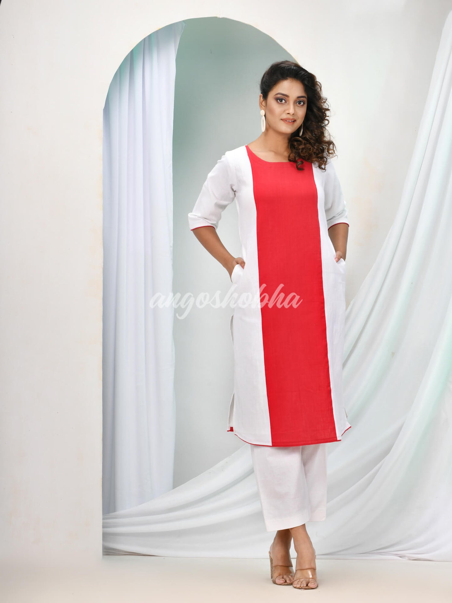 Red Cotton Bengal Handwoven Kurta Set