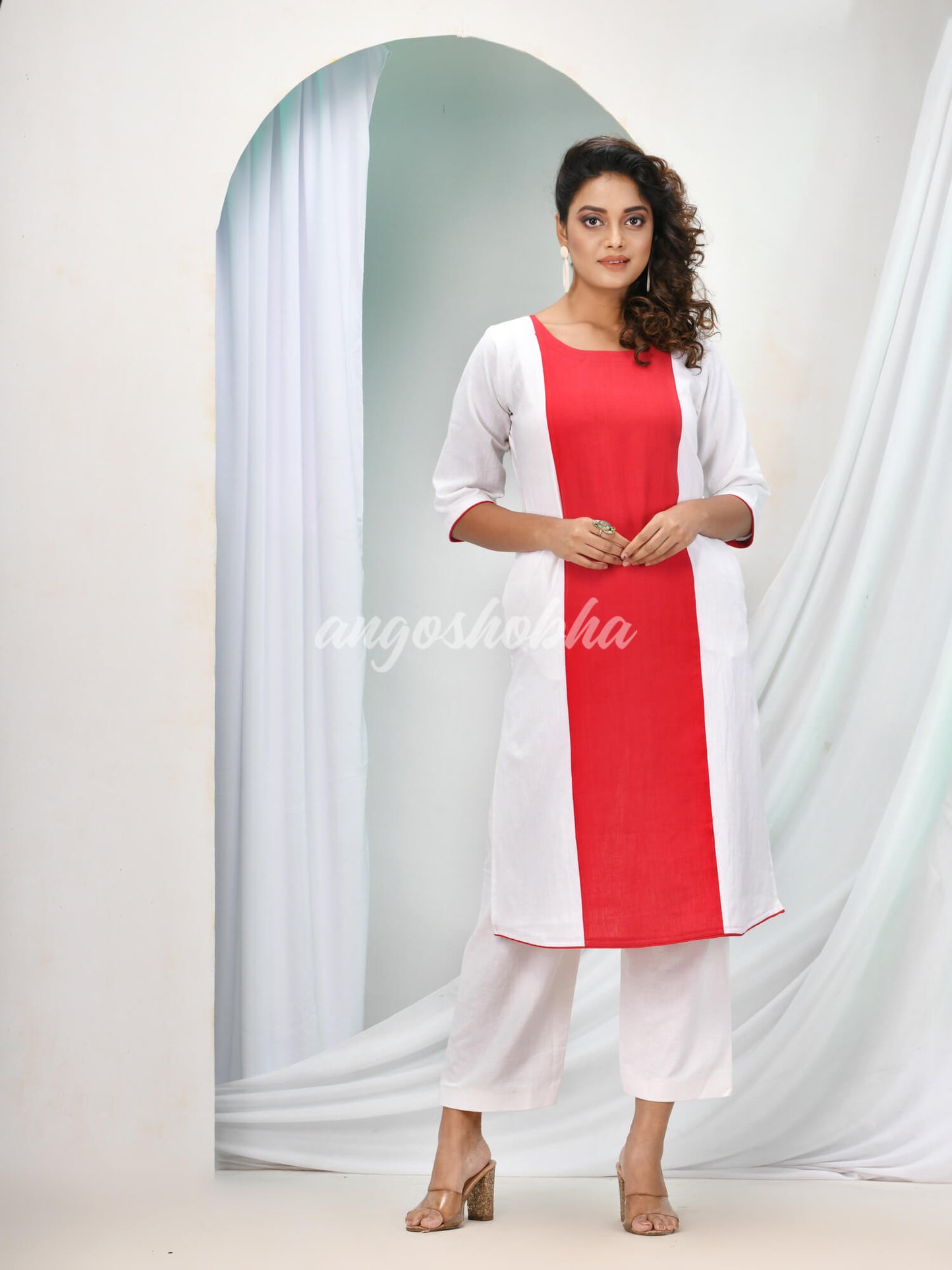 Red Cotton Bengal Handwoven Kurta Set