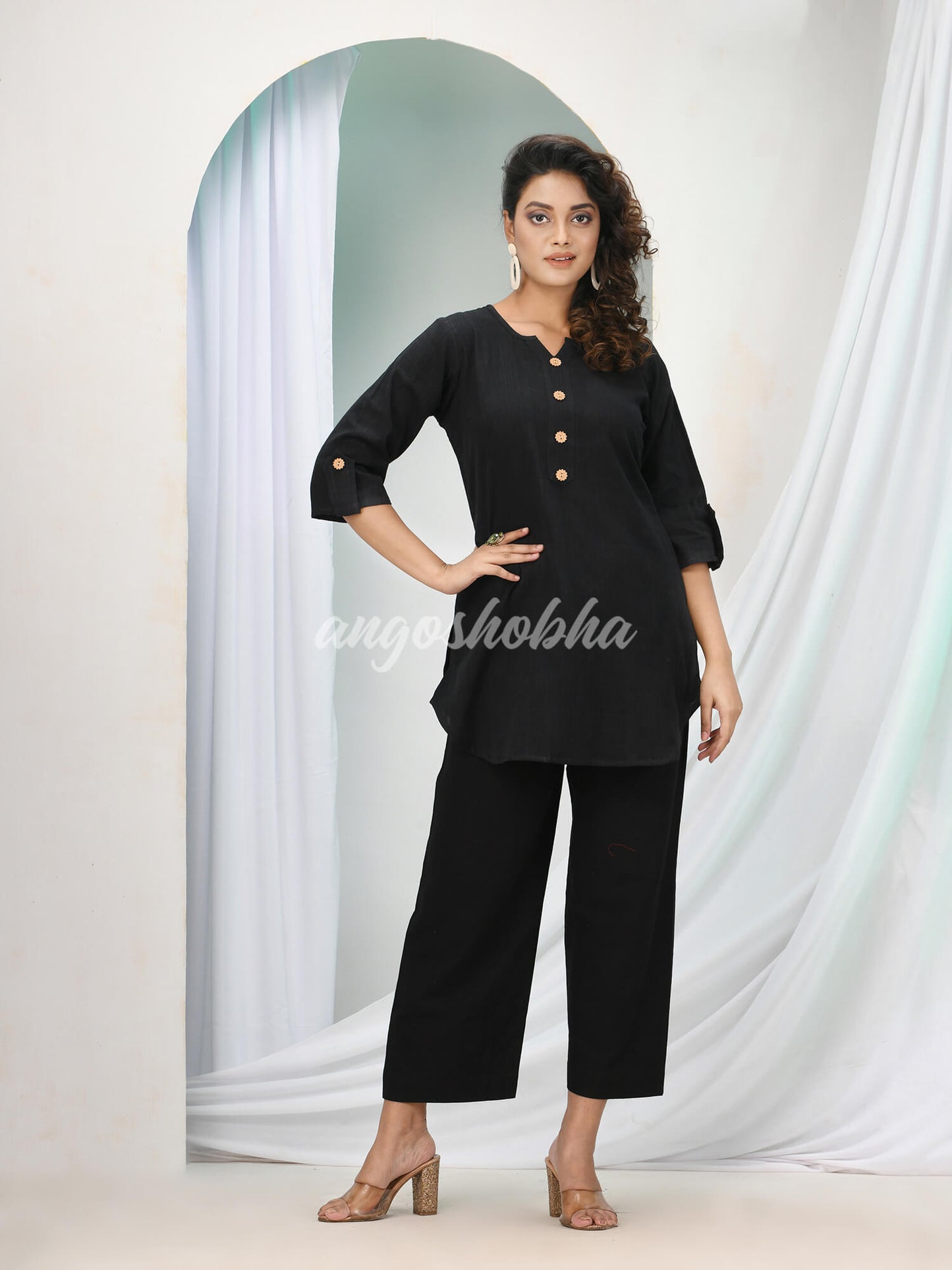 Black Cotton Bengal Handwoven Kurta Set