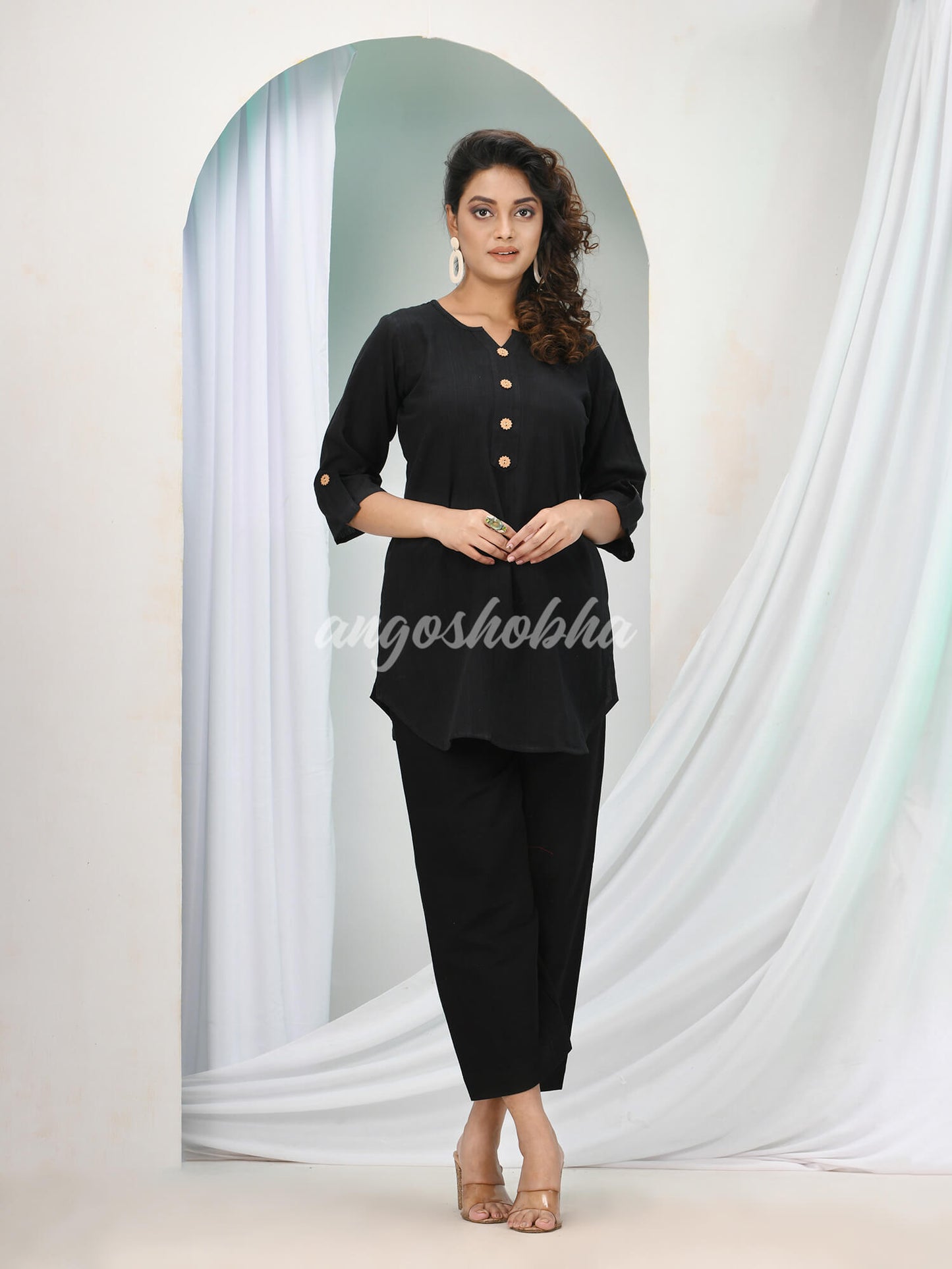 Black Cotton Bengal Handwoven Kurta Set