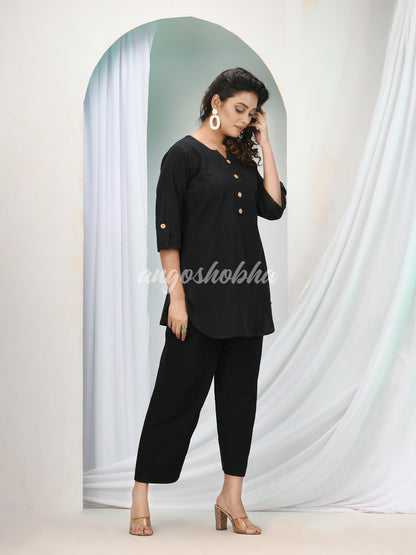 Black Cotton Bengal Handwoven Kurta Set