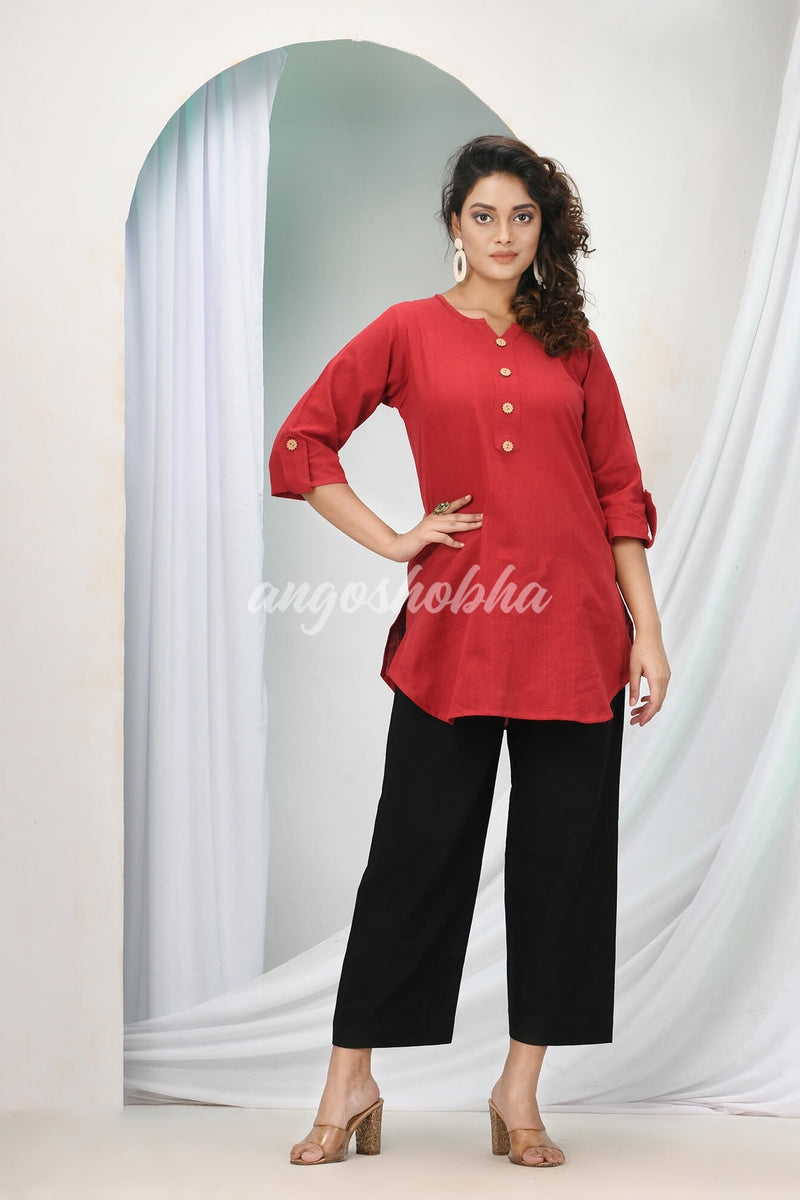 Maroon Cotton Bengal Handwoven Kurta Set