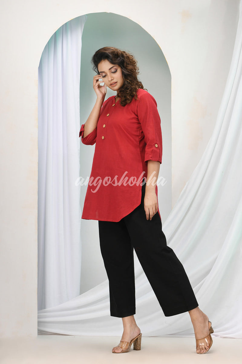 Maroon Cotton Bengal Handwoven Kurta Set