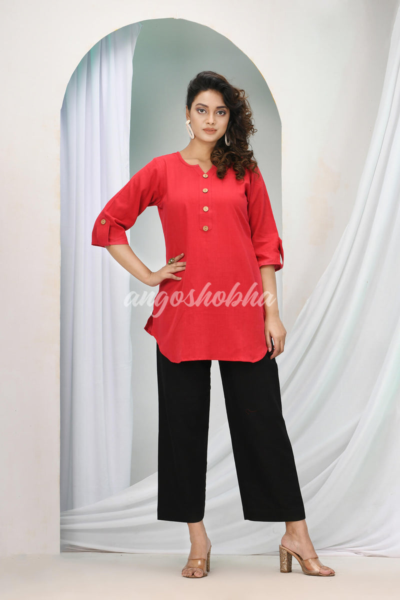 Red Cotton Bengal Handwoven Kurta Set