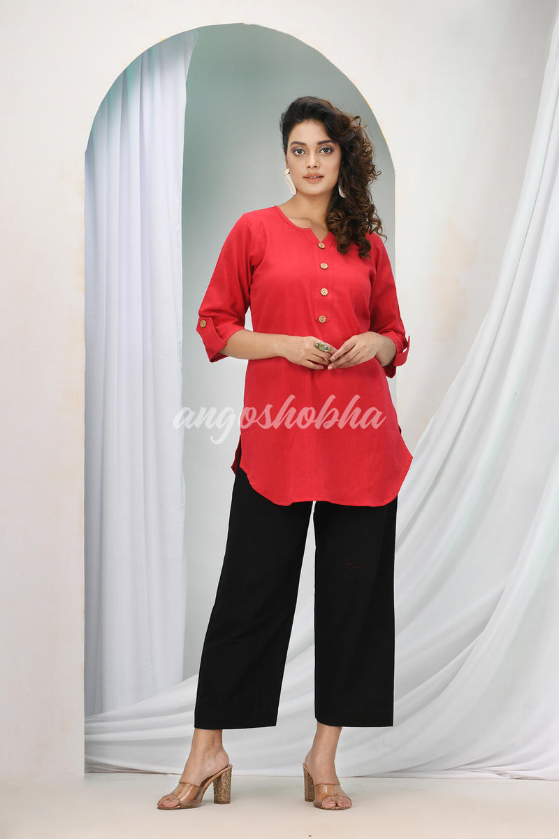 Red Cotton Bengal Handwoven Kurta Set