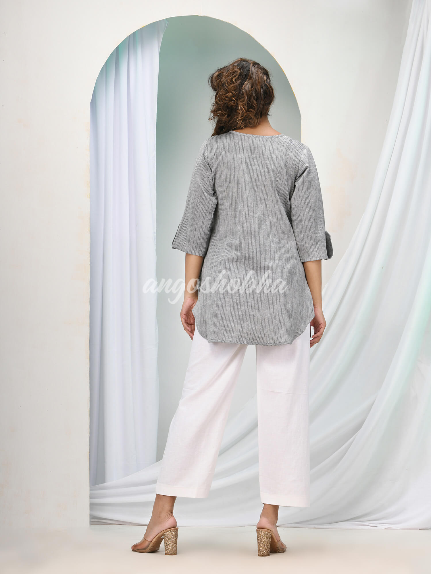 Silver Cotton Bengal Handwoven Kurta Set