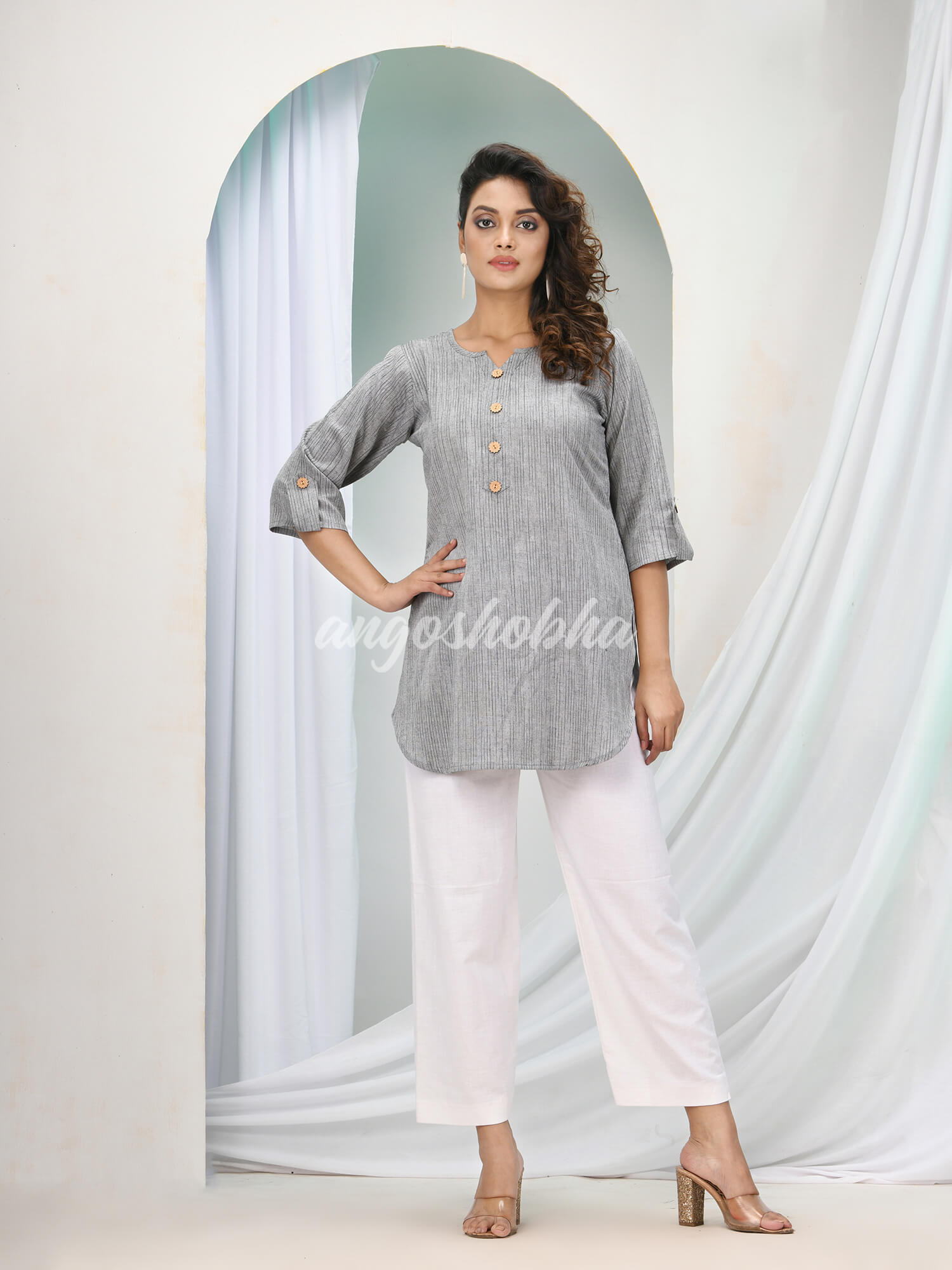 Silver Cotton Bengal Handwoven Kurta Set