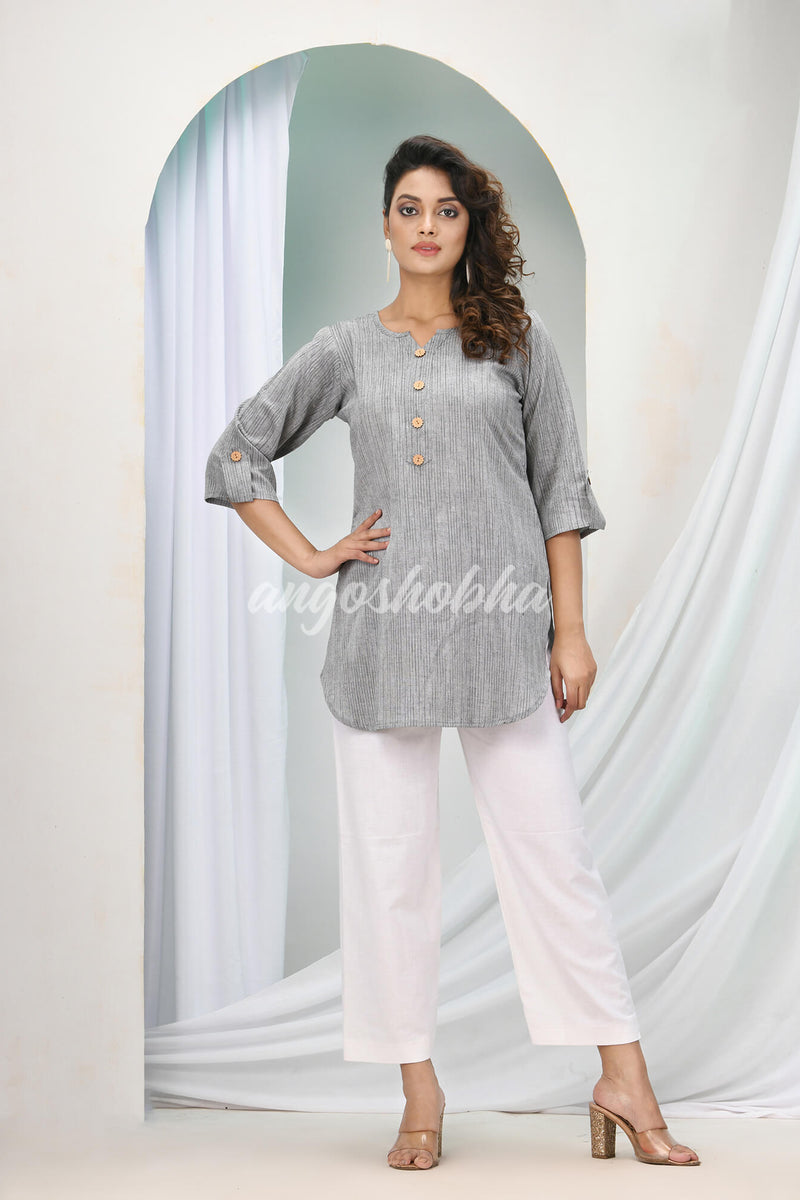 Silver Cotton Bengal Handwoven Kurta Set
