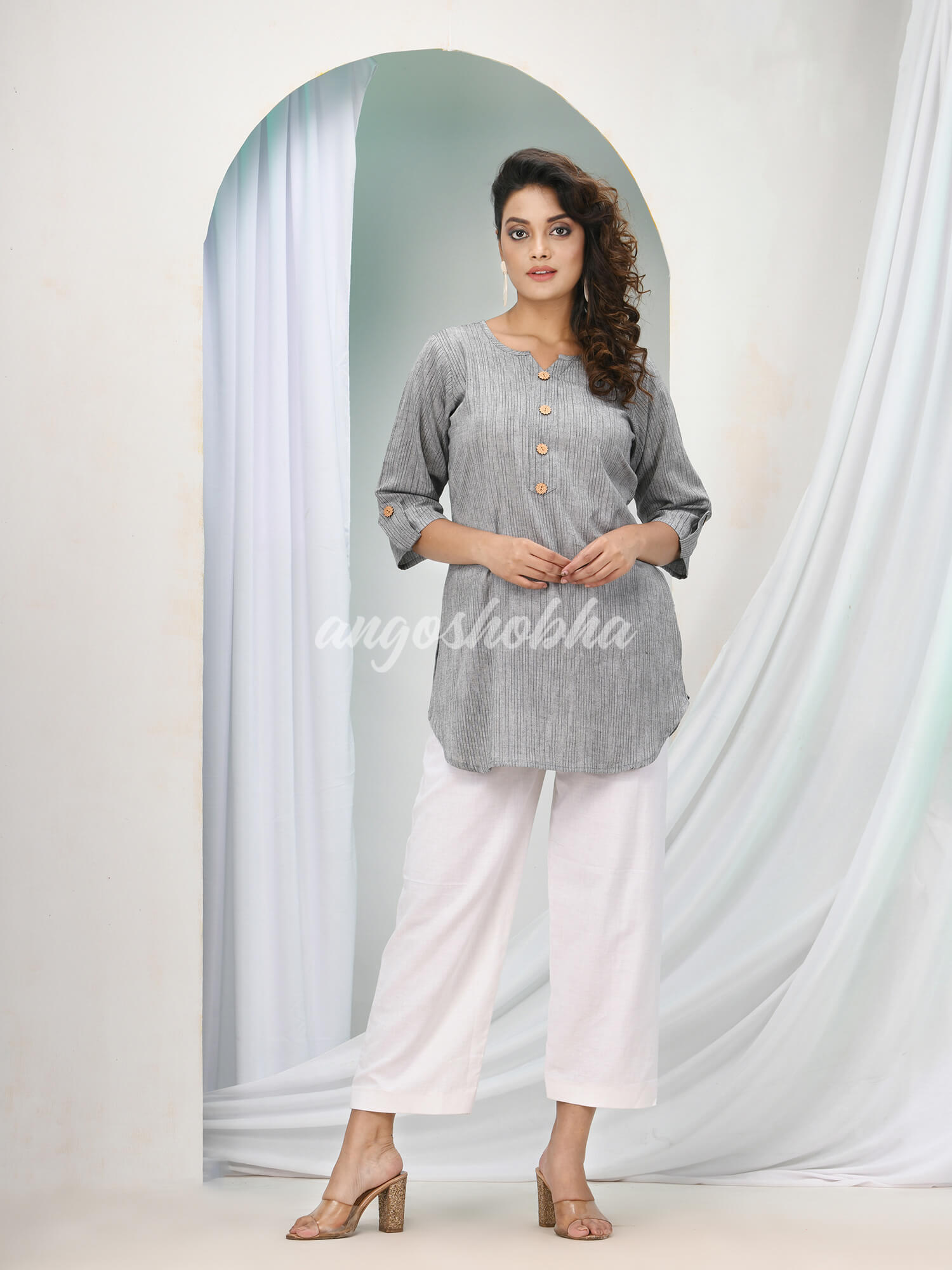 Silver Cotton Bengal Handwoven Kurta Set