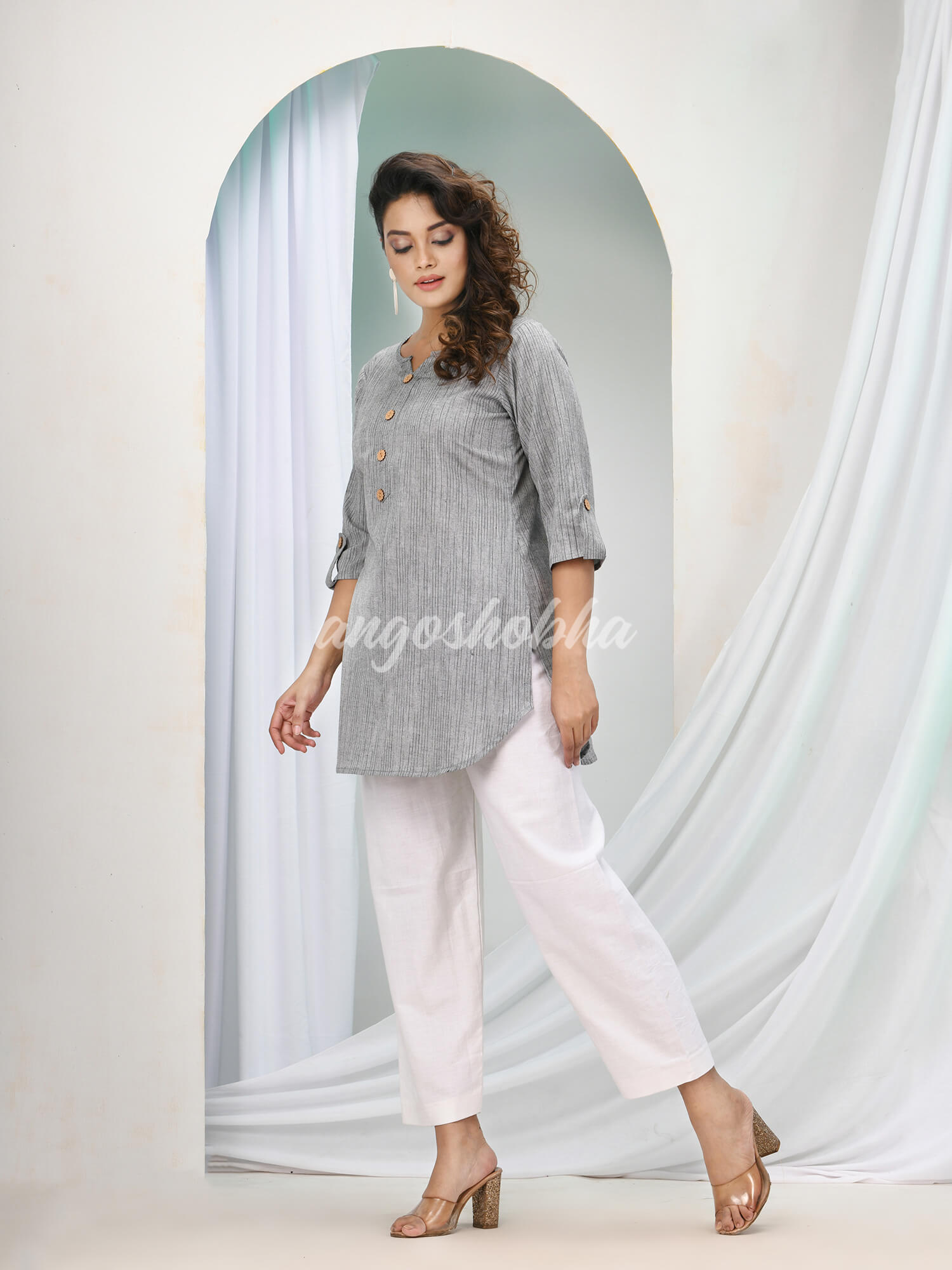 Silver Cotton Bengal Handwoven Kurta Set