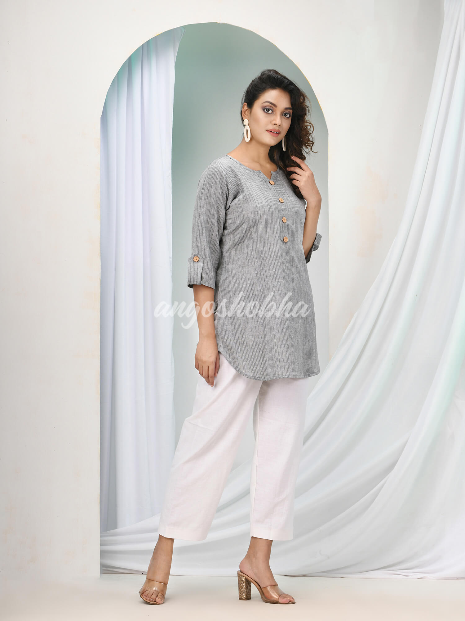 Silver Cotton Bengal Handwoven Kurta Set